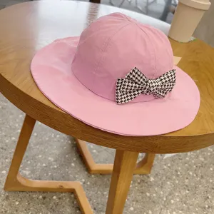 Cute pink kids bucket hat with black and white houndstooth bow cotton sun hat for girls