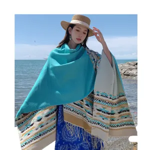 Ethnic boho style cloak shawl for women, comfortable outdoor travel beach cape accessory.
