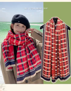 Red plaid scarf for women winter warm long tassel tartan neck wrap soft stylish fashion shawl