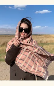 Stylish pink plaid scarf for women, soft warm winter shawl, elegant outdoor fashion accessory