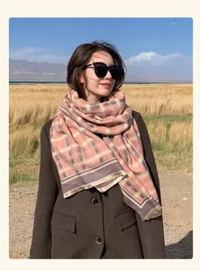 Outdoor fashion wool-blend plaid scarf with chic fringe detail and elegant casual wear styling.