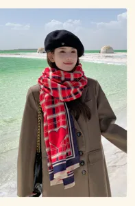 Women red plaid scarf winter cozy warm neck wrap with heart print fashion accessory