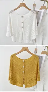 Women hollow knit cape pearl button short cardigan shawl sun protection top summer chic