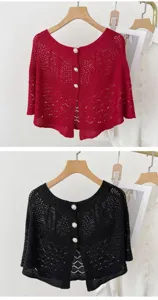 Stylish hollow knit shawl for women with elegant pearl buttons, perfect for summer daily wear.