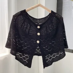 Black hollow knitted shawl cardigan for women, elegant pearl button summer sun protection outerwear.
