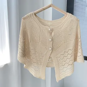 Women's pearl button hollow knit shawl cardigan summer sun protection cute cropped top