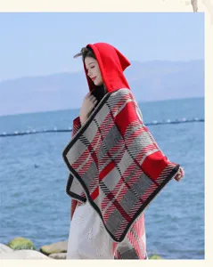 Women's Autumn Winter Hooded Plaid Cape Ethnic Style Warm Outdoor Shawl Cloak Fashion