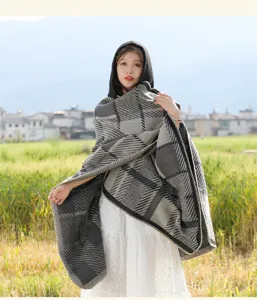 Women Winter Hooded Plaid Cloak Cashmere Feel Thickened Warm Travel Outer Poncho