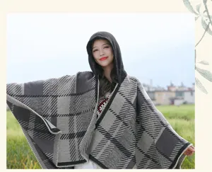 Women winter hooded plaid cape warm thick cozy ethnic style poncho outerwear fashionable.