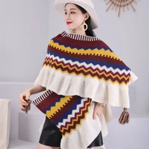 Châle Cape Tricoté en Bloc de Couleurs Style Ethnique Femme Volant Gousse Chaud Poncho d'Hiver Mode Voyage Vêtements