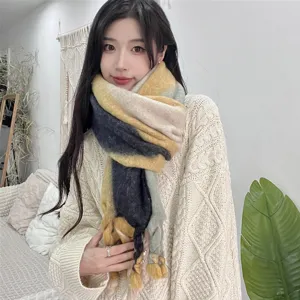 Damen Winter Farbblock Quasten Schal, weicher warmer Kunstkaschmir Mohair Halstuch.