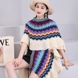 Cape en tricot zigzag coloré de style ethnique avec volants et glands pour femmes mode voyage