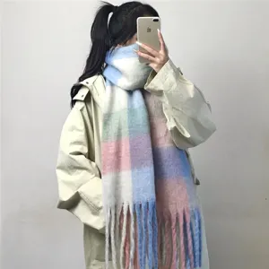 Colorful plaid winter scarf for women, cozy thick warm tassel fringe blanket wrap shawl.