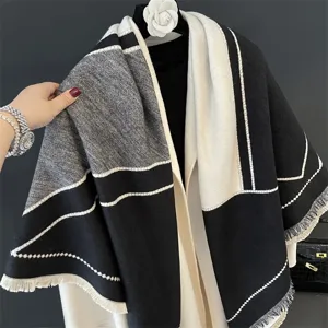 Detailed view of black white grey colorblock cashmere feel fringe shawl scarf top