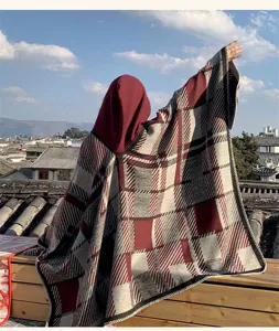 Women Autumn Winter Ethnic Plaid Hooded Cape Warm Imitation Cashmere Shawl Outerwear Cloak
