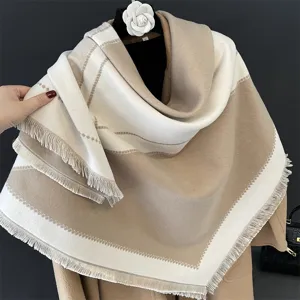 Autumn winter cashmere feel shawl scarf blanket fringe oversized two-tone beige white