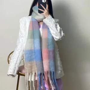 Colorful Checkered Scarf Thickened Warm Soft Tassel Winter Neck Cover Detail View