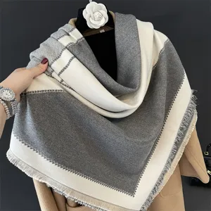 Women Colorblock Cashmere Feel Winter Scarf Shawl Warm Fringe Blanket Scarf Fashion