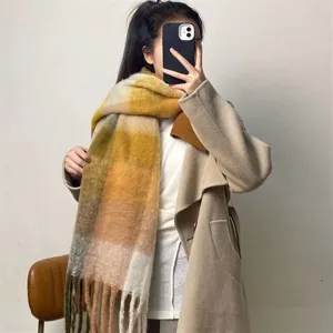 Cozy color block plaid scarf for women, thick warm winter wrap shawl, stylish casual accessory.