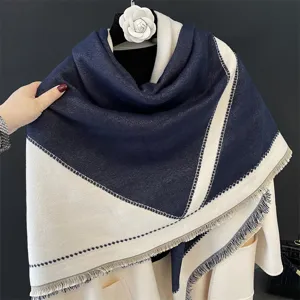 Cozy color block square scarf winter warm cashmere feel shawl with elegant tassel fringe edge.