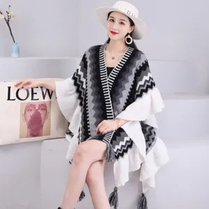Femme ethnique tricote poncho volant gland cape elegant vetements de dessus avant ouvert