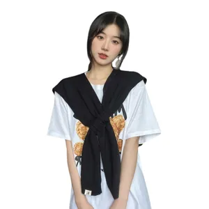 Women knit shawl wrap cross tied scarf black knitted outer wear warm air-conditioned room