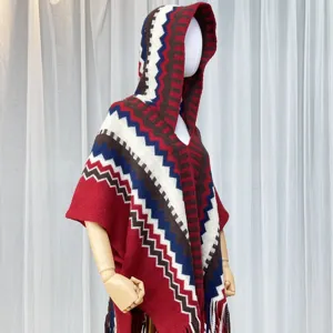 Retro ethnic knit hooded fringe poncho shawl cape detail view showing geometric zigzag pattern.