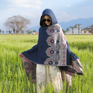 Ethnic Floral Tassel Hooded Cloak Shawl Thickened Warm Winter Cape for Women Vacation