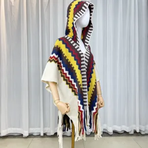 Ethnic geometric knit hooded poncho with tassel fringe, retro boho style autumn winter outerwear.