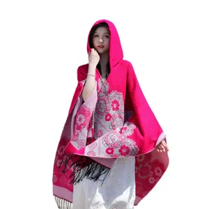 Ethnic floral hooded knitted cape shawl with tassels for women, warm winter travel outerwear main image