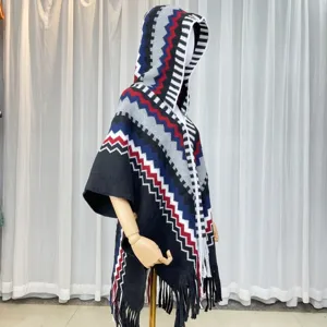 Detailed view of women vintage ethnic knitted fringe hooded cape poncho versatile shawl wrap.