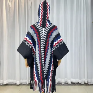 Women vintage ethnic style knit hooded poncho cape with fringe casual bohemian outerwear