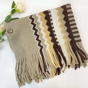 Vintage ethnic style knitted fringe shawl cape for women, versatile warm wrap scarf.