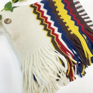 Vintage ethnic knit fringe shawl cape with colorful zigzag pattern and wood button detail.