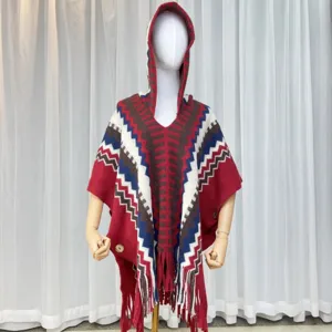 Women Vintage Ethnic Striped Knitted Tassel Cape Shawl Open Front Hooded Cardigan Poncho Winter Autumn Outerwear