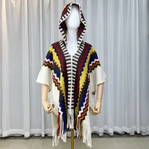 Retro ethnic knitted tassel hooded poncho cloak women fashion versatile outerwear main view