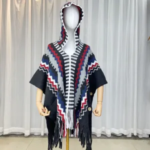 Retro ethnic style knitted fringe cardigan poncho cloak for women, versatile outdoor wear.