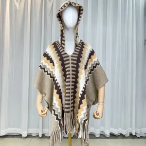Vintage ethnic style knitted hooded fringe poncho cloak, comfortable outerwear for women.