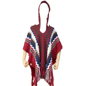 Women vintage ethnic knitted hooded poncho cape stylish tassel fringe outerwear winter warm shawl
