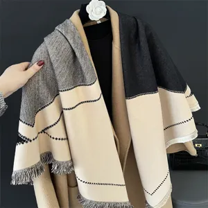 Cozy color-blocked imitation cashmere winter shawl scarf with chic fringe details.