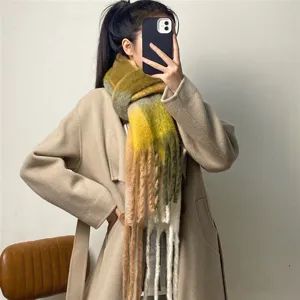 Cozy thick color-block plaid scarf for women, warm fuzzy winter fringed shawl and neck warmer.