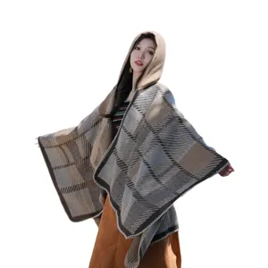 Women ethnic style plaid imitation cashmere hooded cape warm winter outerwear shawl.