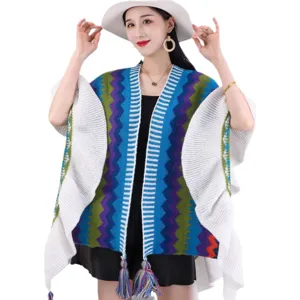 Femme poncho tricot boheme frange cape style ethnique mode vetement d'exterieur voyage chale