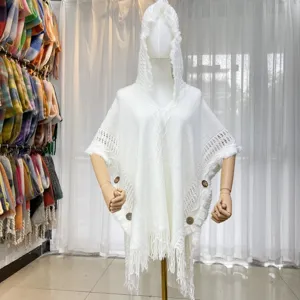 White knitted hooded poncho cape for women, warm stylish tassel button sweater outerwear shawl.