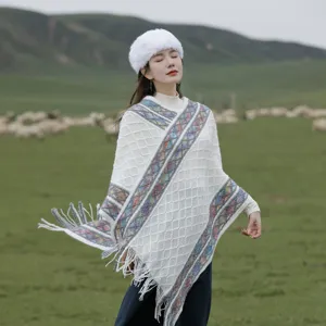 Ethnic style knitted poncho for women, outdoor travel tassel shawl and cape, cozy warm.
