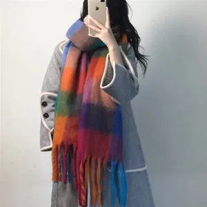 Colorful plaid winter scarf, thick warm tassel fringe shawl, cozy fashion neck wrap for women.
