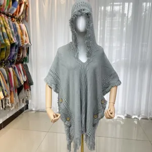 Women knit hooded poncho cape cozy fringe tassel sweater shawl outerwear winter warm casual