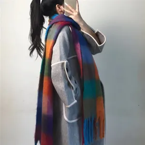 Colorful plaid winter scarf, thick warm tartan shawl, stylish cozy neck wrap for women.