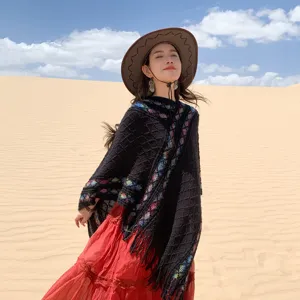 Women's ethnic knit poncho retro fringe cape outdoor travel fashion shawl for autumn