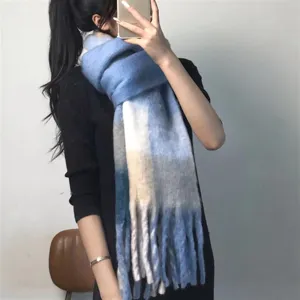 Thick color block plaid mohair scarf with fringe, soft winter warm wrap for women.